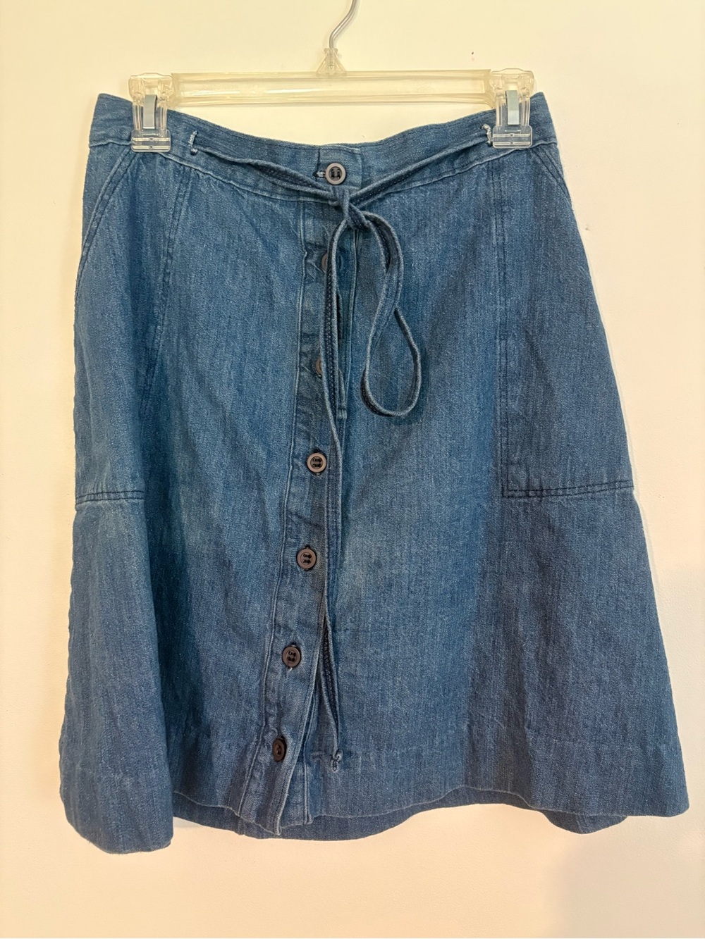 Vintage Denim Button-Front Tie A-Line Skirt Cottagecore Grandmacore